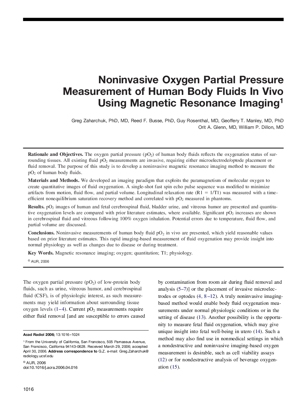 Noninvasive Oxygen Partial Pressure Measurement of Human Body Fluids In Vivo Using Magnetic Resonance Imaging