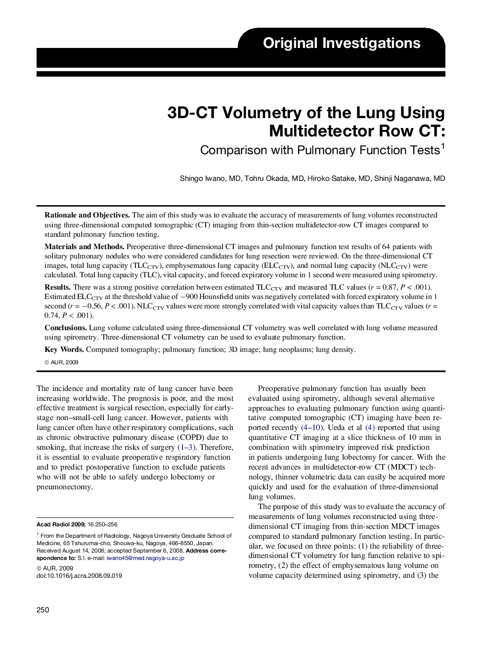 3D-CT Volumetry of the Lung Using Multidetector Row CT