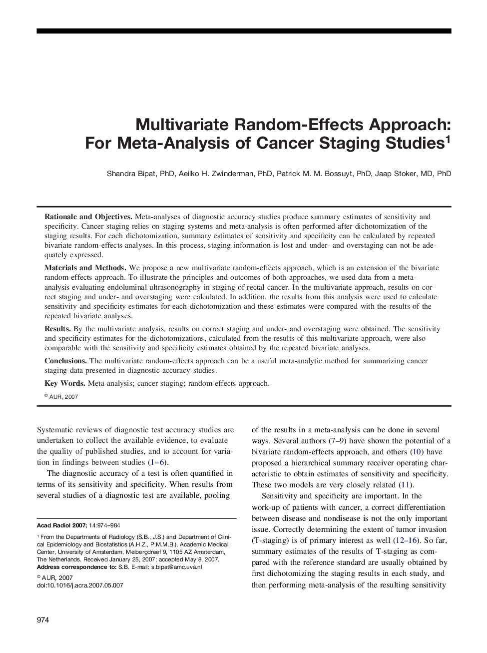 Multivariate Random-Effects Approach: For Meta-Analysis of Cancer Staging Studies