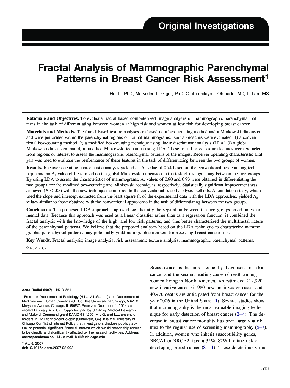 عکس صفحه اول مقاله: Fractal Analysis of Mammographic Parenchymal Patterns in Breast Cancer Risk Assessment Fractal Analysis of Mammographic Parenchymal Patterns in Breast Cancer Risk Assessment