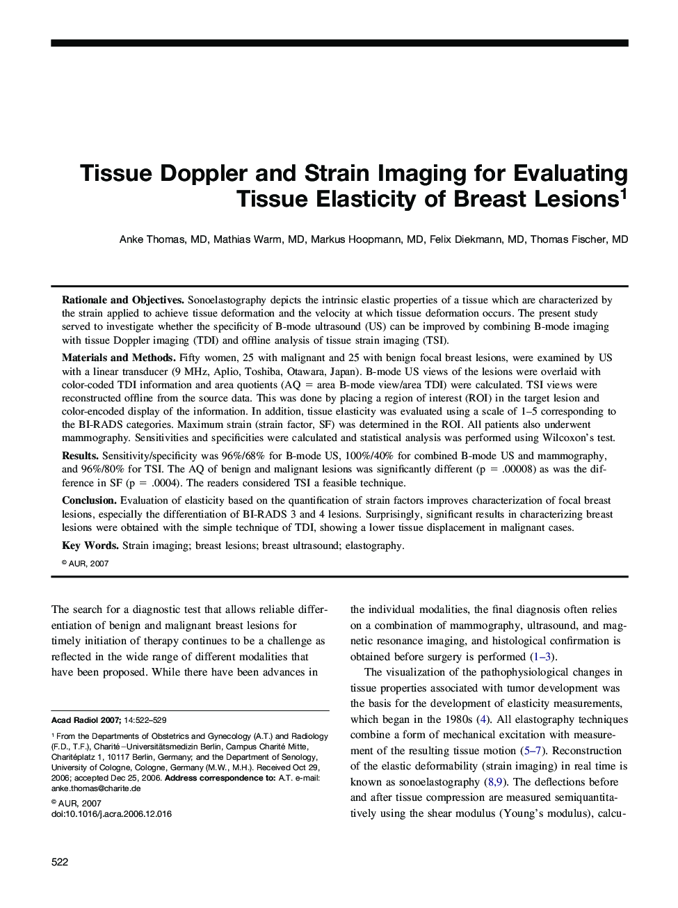 Tissue Doppler and Strain Imaging for Evaluating Tissue Elasticity of Breast Lesions