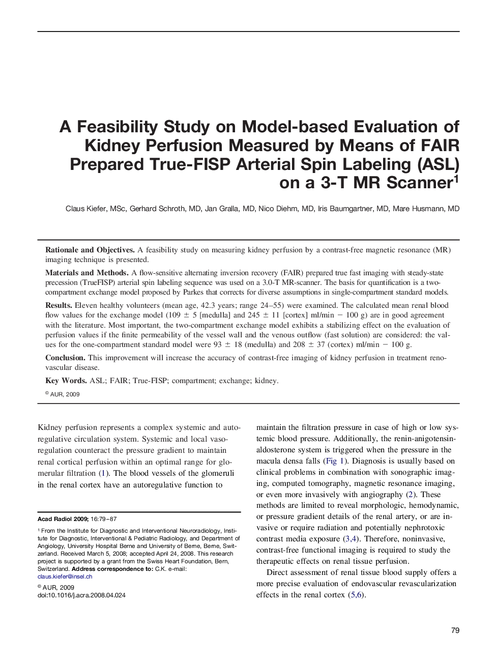 A Feasibility Study on Model-based Evaluation of Kidney Perfusion Measured by Means of FAIR Prepared True-FISP Arterial Spin Labeling (ASL) on a 3-T MR Scanner