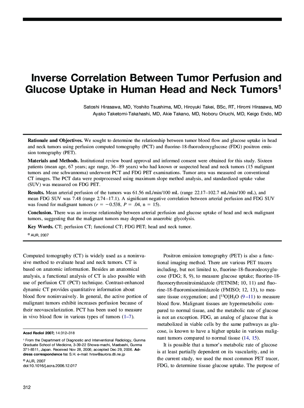 Inverse Correlation Between Tumor Perfusion and Glucose Uptake in Human Head and Neck Tumors