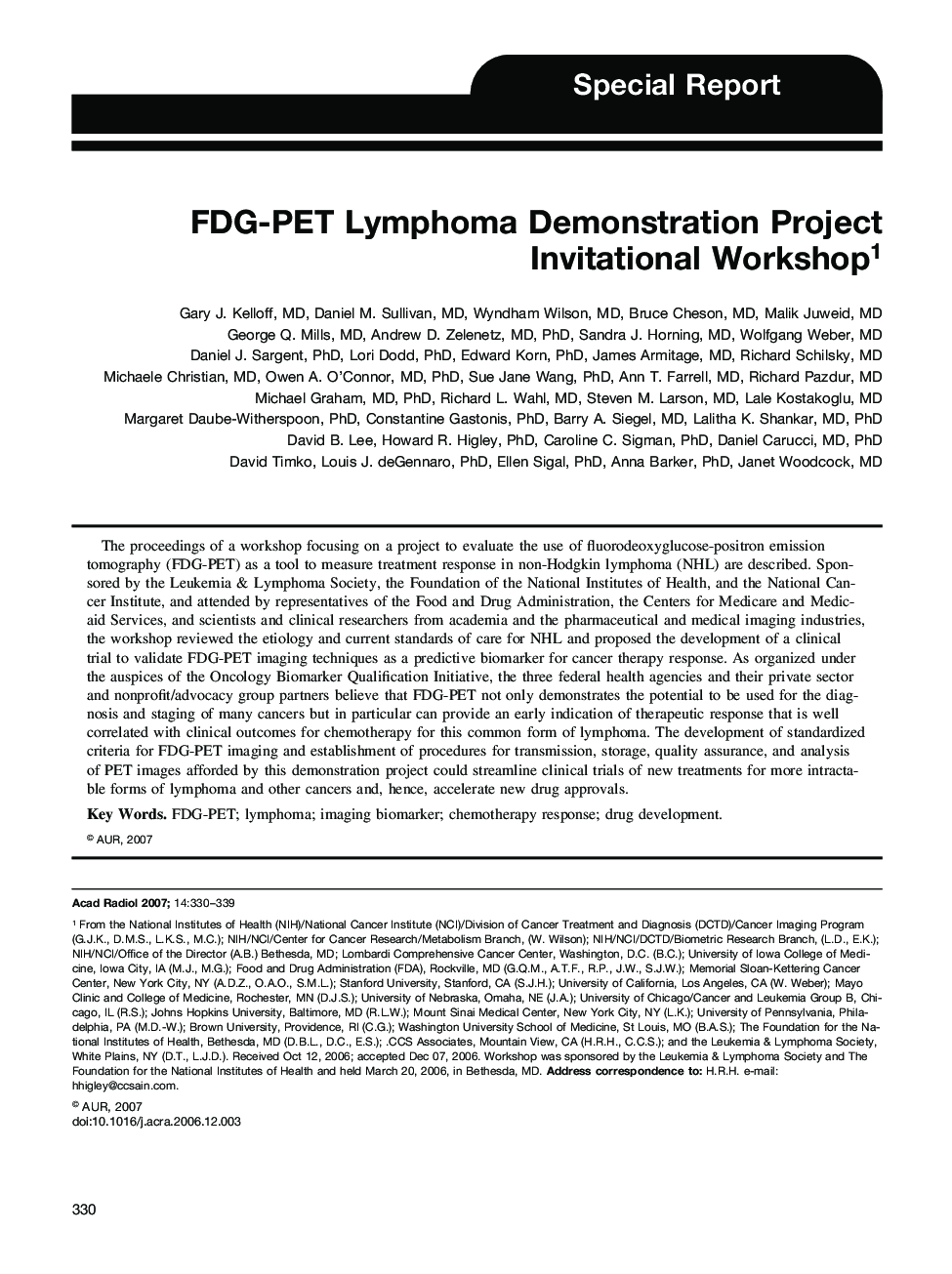 FDG-PET Lymphoma Demonstration Project Invitational Workshop