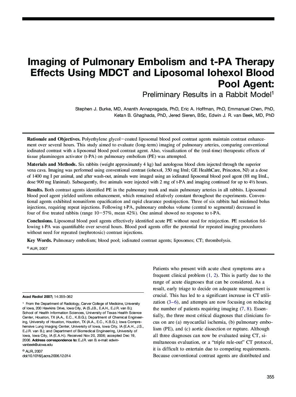 Imaging of Pulmonary Embolism and t-PA Therapy Effects Using MDCT and Liposomal Iohexol Blood Pool Agent