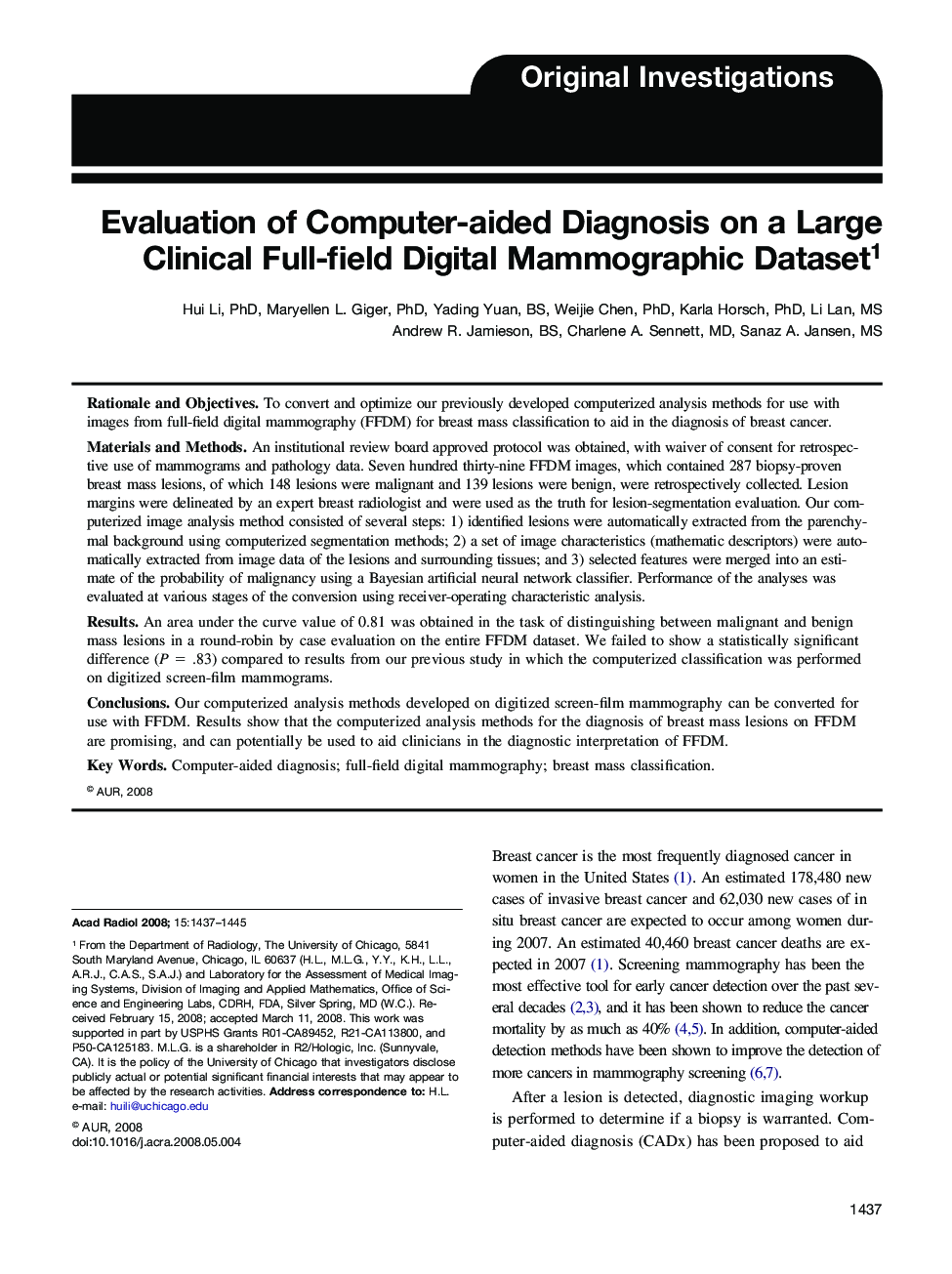 Evaluation of Computer-aided Diagnosis on a Large Clinical Full-field Digital Mammographic Dataset