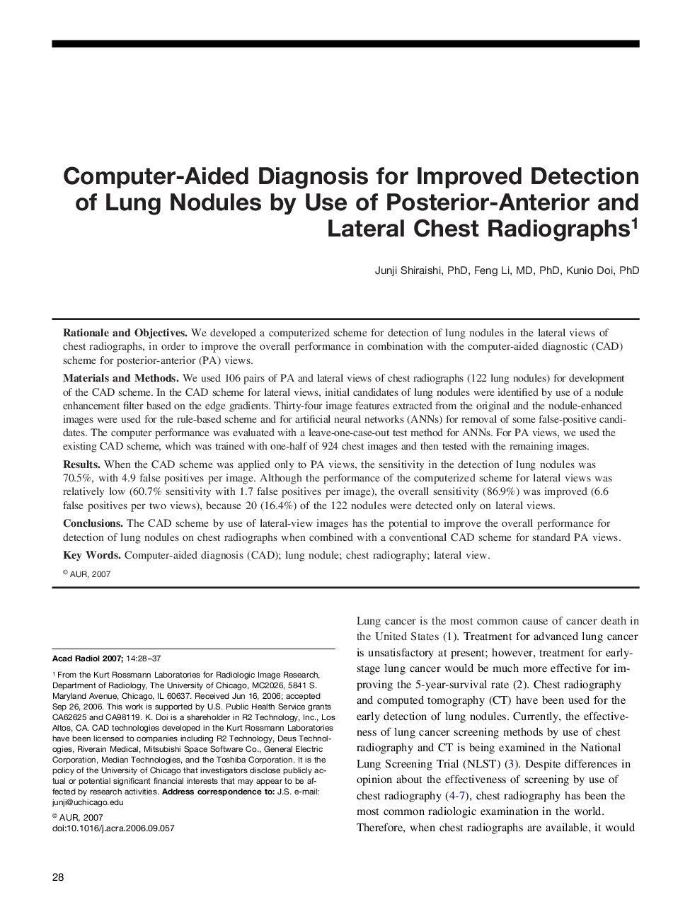 Computer-Aided Diagnosis for Improved Detection of Lung Nodules by Use of Posterior-Anterior and Lateral Chest Radiographs