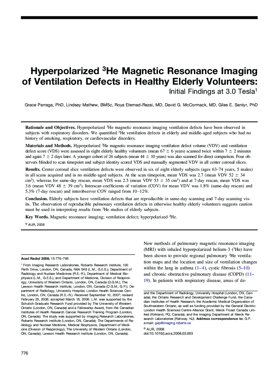 Hyperpolarized 3He Magnetic Resonance Imaging of Ventilation Defects in Healthy Elderly Volunteers