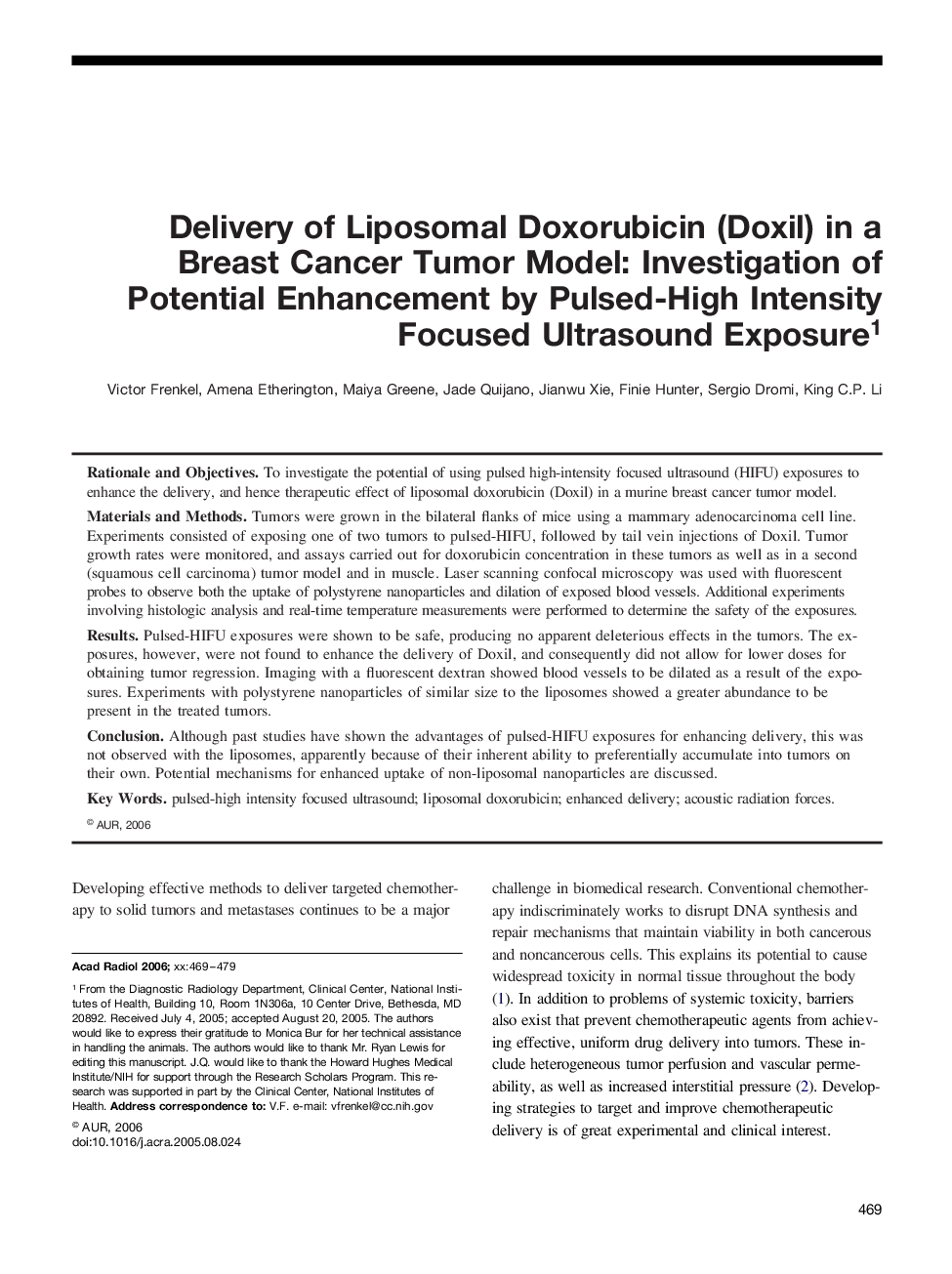 Delivery of Liposomal Doxorubicin (Doxil) in a Breast Cancer Tumor Model: Investigation of Potential Enhancement by Pulsed-High Intensity Focused Ultrasound Exposure