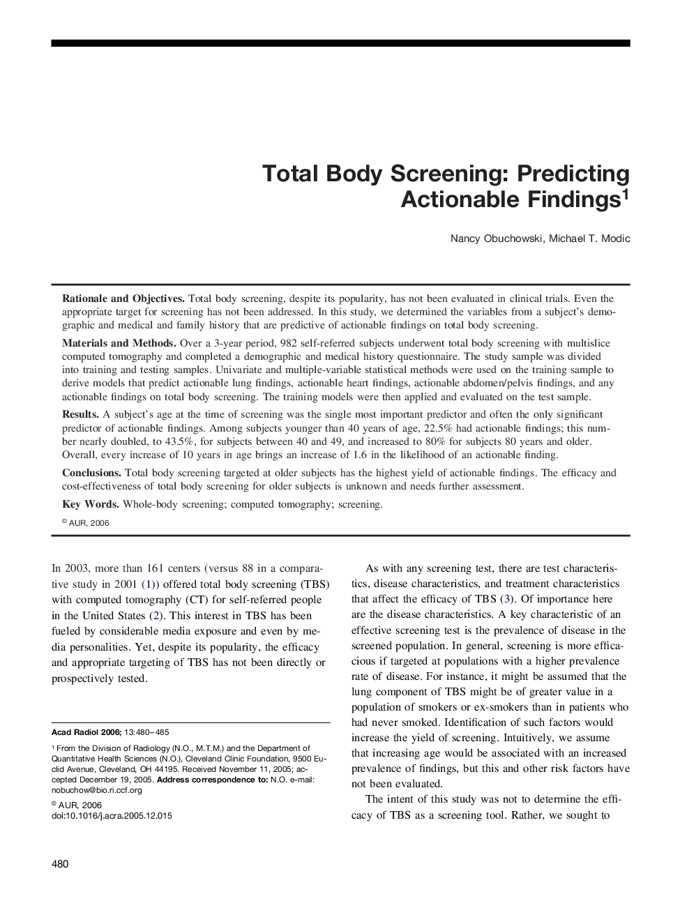 Total Body Screening: Predicting Actionable Findings