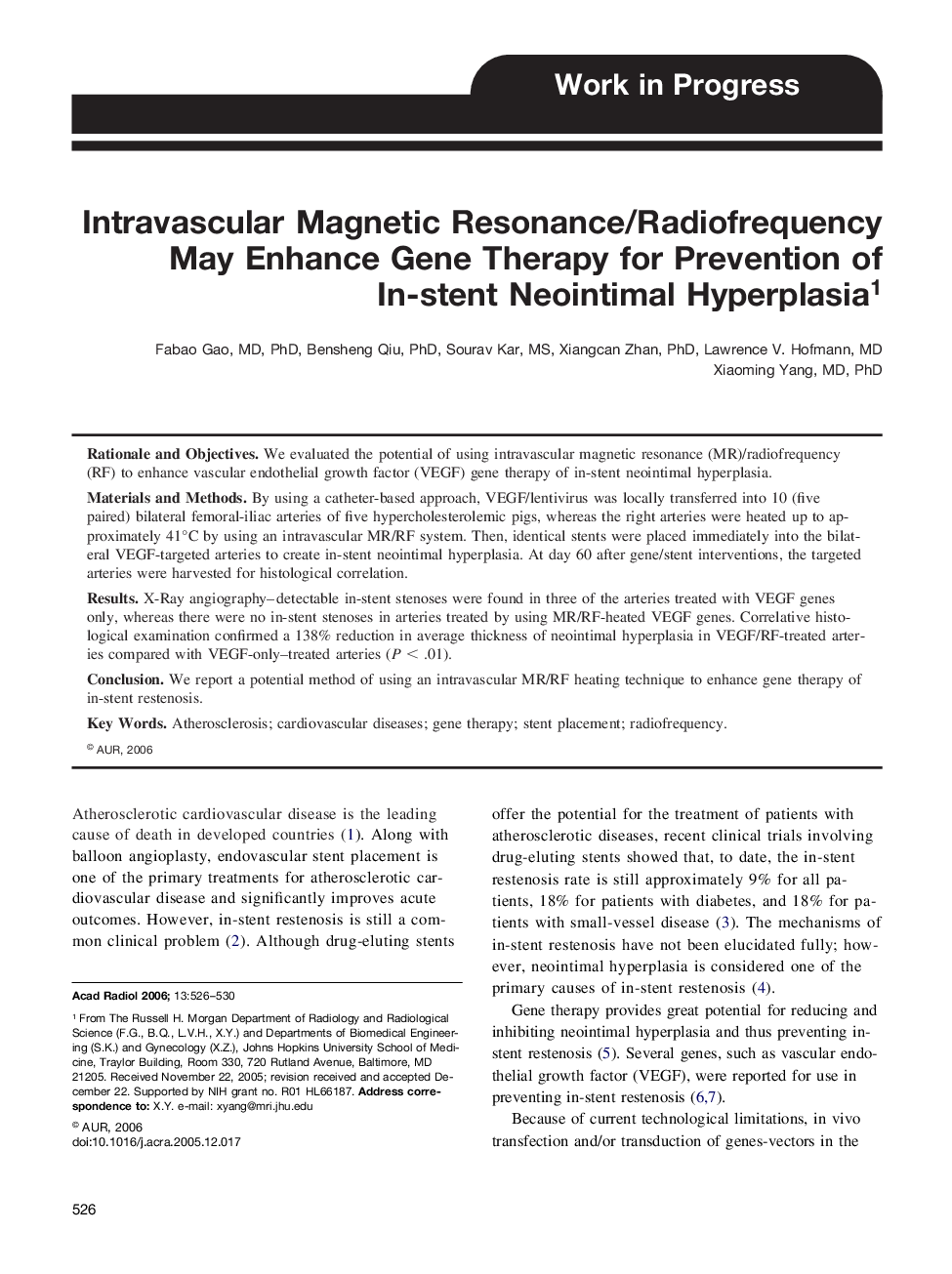 Intravascular Magnetic Resonance/Radiofrequency May Enhance Gene Therapy for Prevention of In-stent Neointimal Hyperplasia