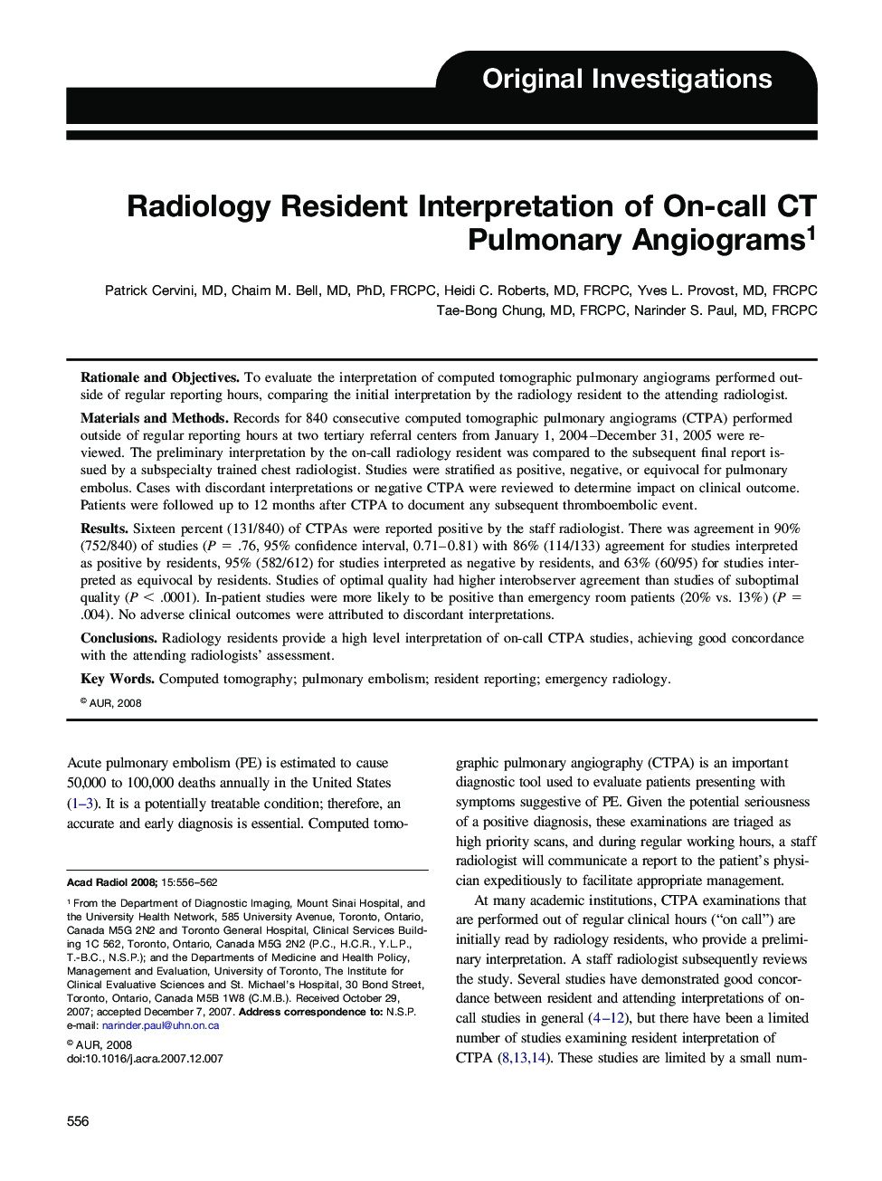 Radiology Resident Interpretation of On-call CT Pulmonary Angiograms