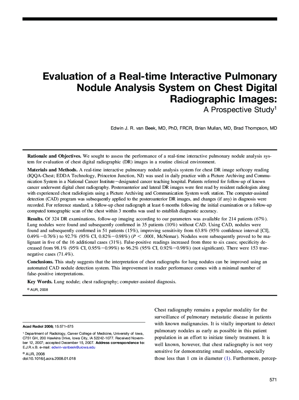 Evaluation of a Real-time Interactive Pulmonary Nodule Analysis System on Chest Digital Radiographic Images