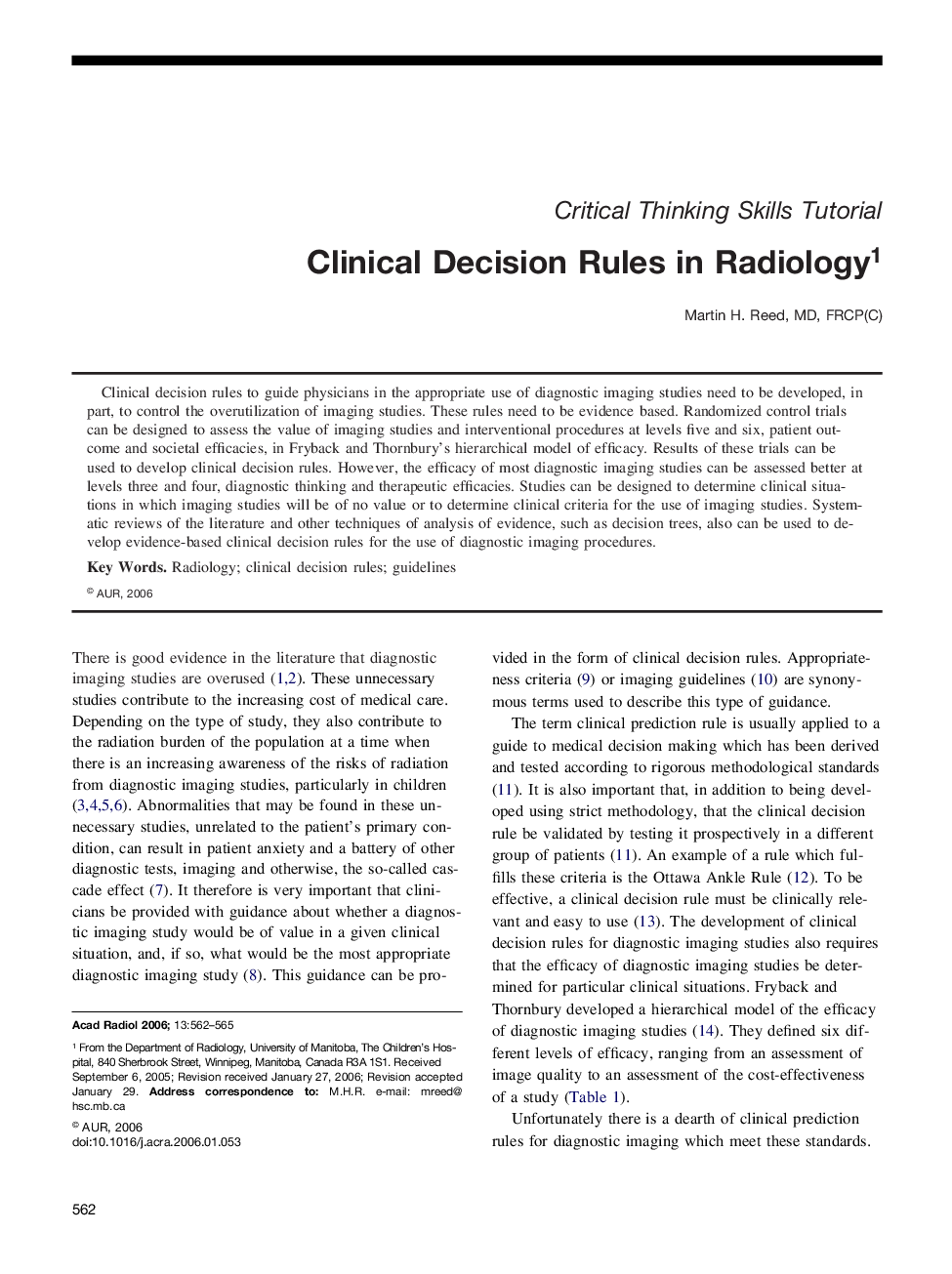 Clinical Decision Rules in Radiology