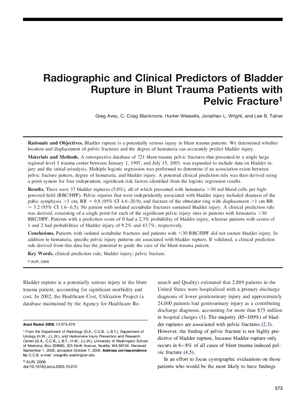 Radiographic and Clinical Predictors of Bladder Rupture in Blunt Trauma Patients with Pelvic Fracture