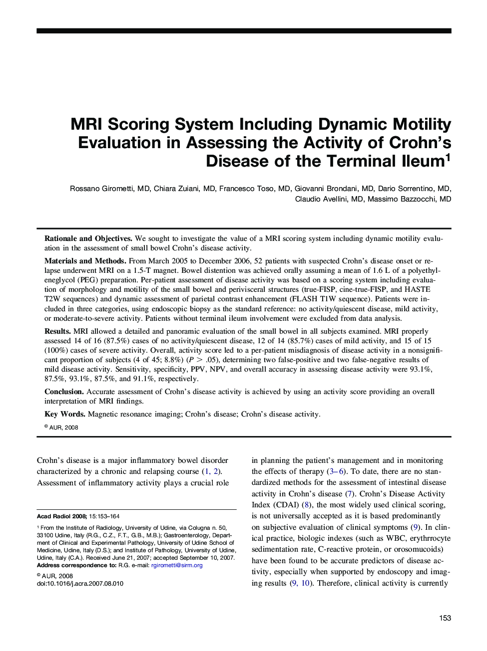 MRI Scoring System Including Dynamic Motility Evaluation in Assessing the Activity of Crohn's Disease of the Terminal Ileum