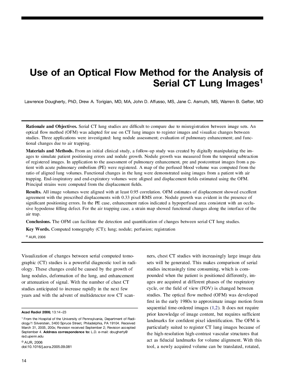 Use of an Optical Flow Method for the Analysis of Serial CT Lung Images1