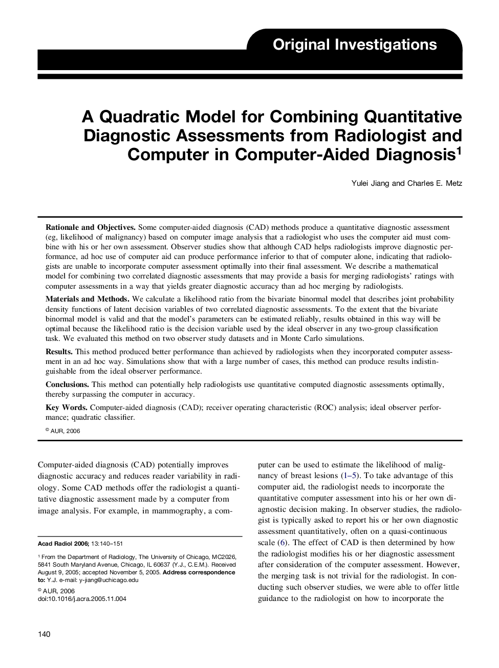 A Quadratic Model for Combining Quantitative Diagnostic Assessments from Radiologist and Computer in Computer-Aided Diagnosis