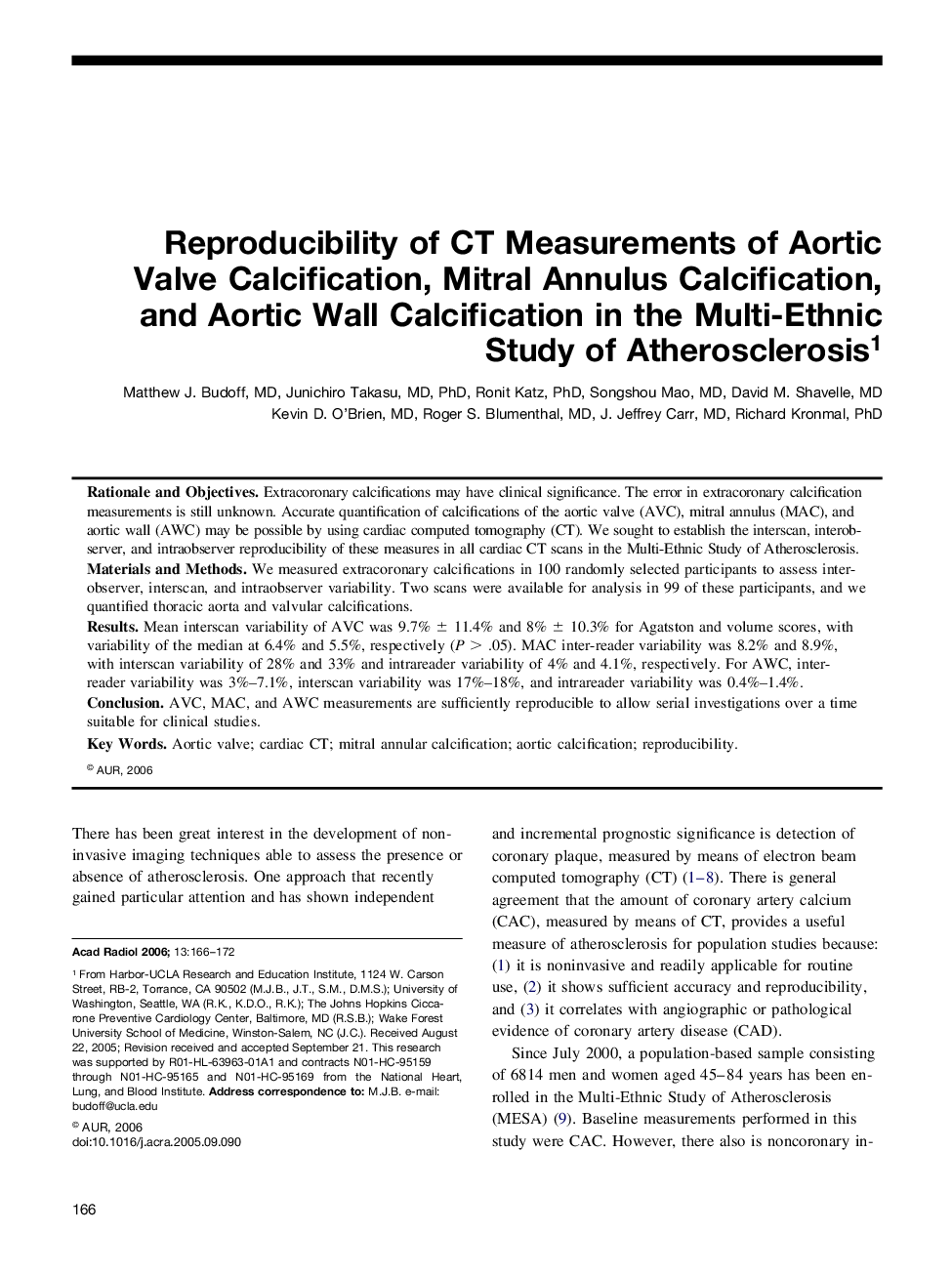 Reproducibility of CT Measurements of Aortic Valve Calcification, Mitral Annulus Calcification, and Aortic Wall Calcification in the Multi-Ethnic Study of Atherosclerosis