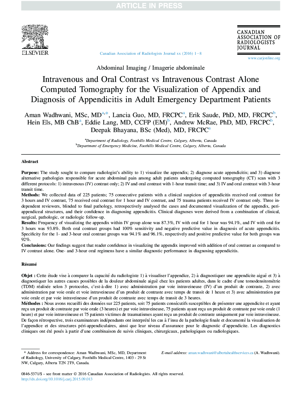 Intravenous and Oral Contrast vs Intravenous Contrast Alone Computed Tomography for the Visualization of Appendix and Diagnosis of Appendicitis in Adult Emergency Department Patients