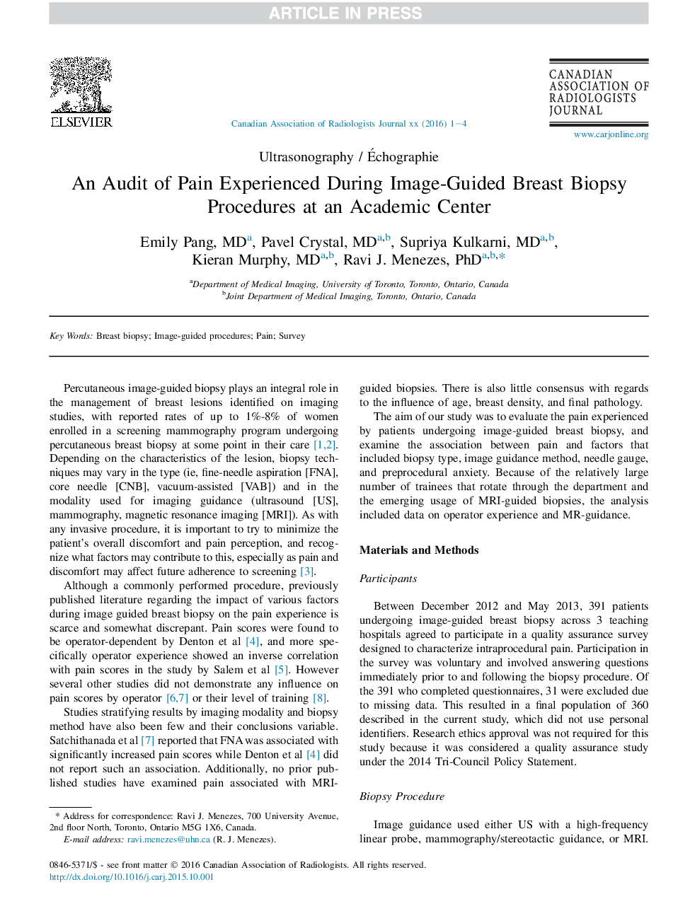 An Audit of Pain Experienced During Image-Guided Breast Biopsy Procedures at an Academic Center