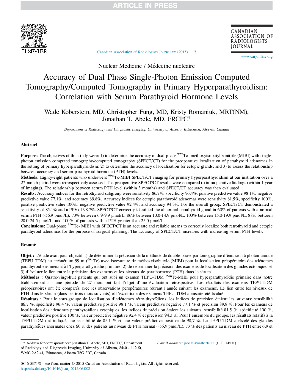 دقت دو فاز تونوگرافی کامپیوتری انتشار یک تک فوتون / توموگرافی کامپیوتری در ابتلا به هیپرپاراتیروئیدیسم: ارتباط با سطح هورمون پاراتیروئید سرم 