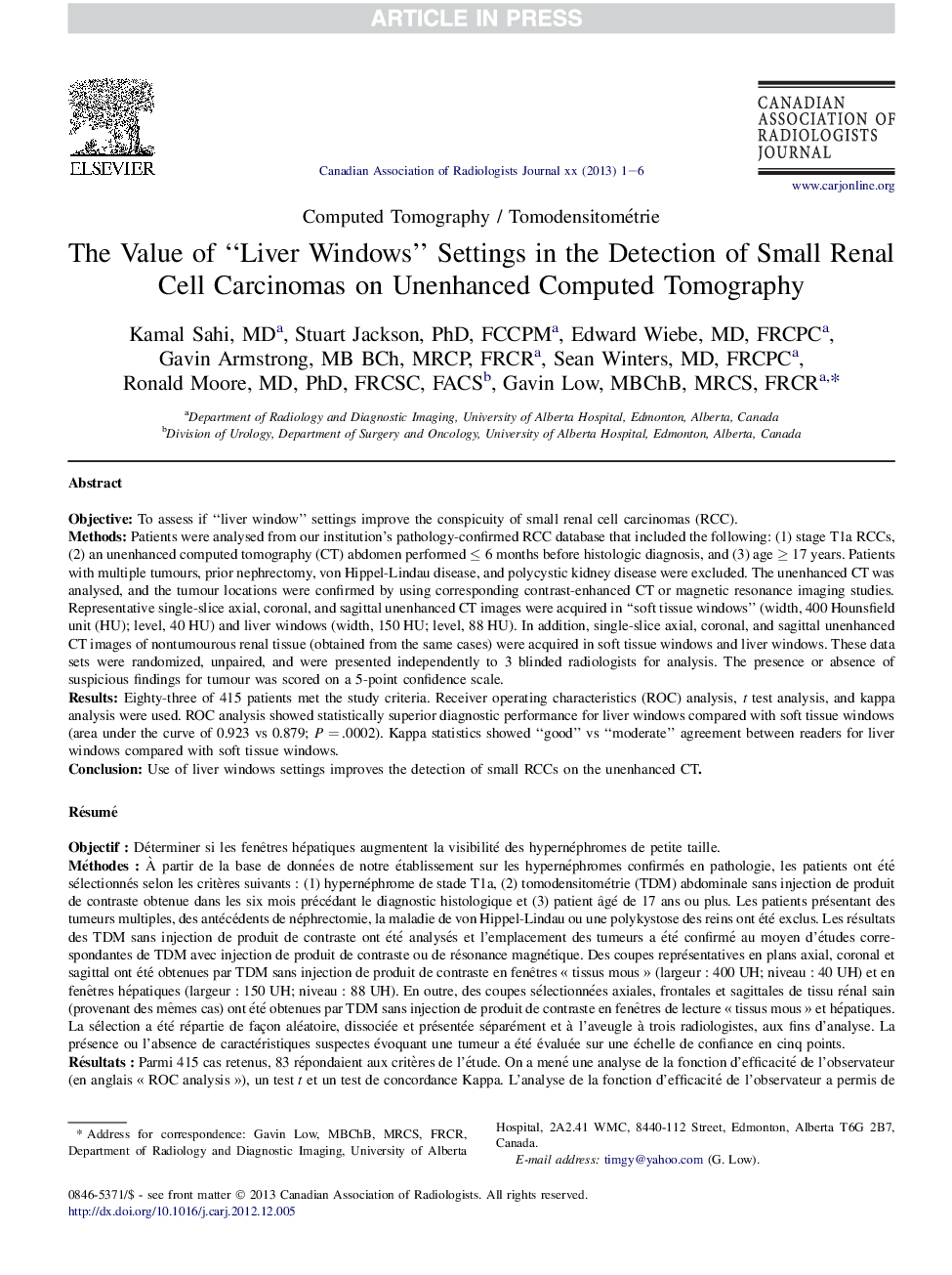 The Value of “Liver Windows” Settings in the Detection of Small Renal Cell Carcinomas on Unenhanced Computed Tomography