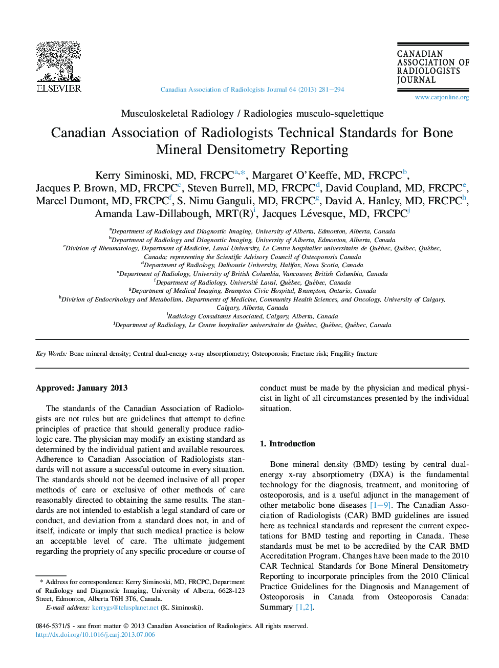 Canadian Association of Radiologists Technical Standards for Bone Mineral Densitometry Reporting