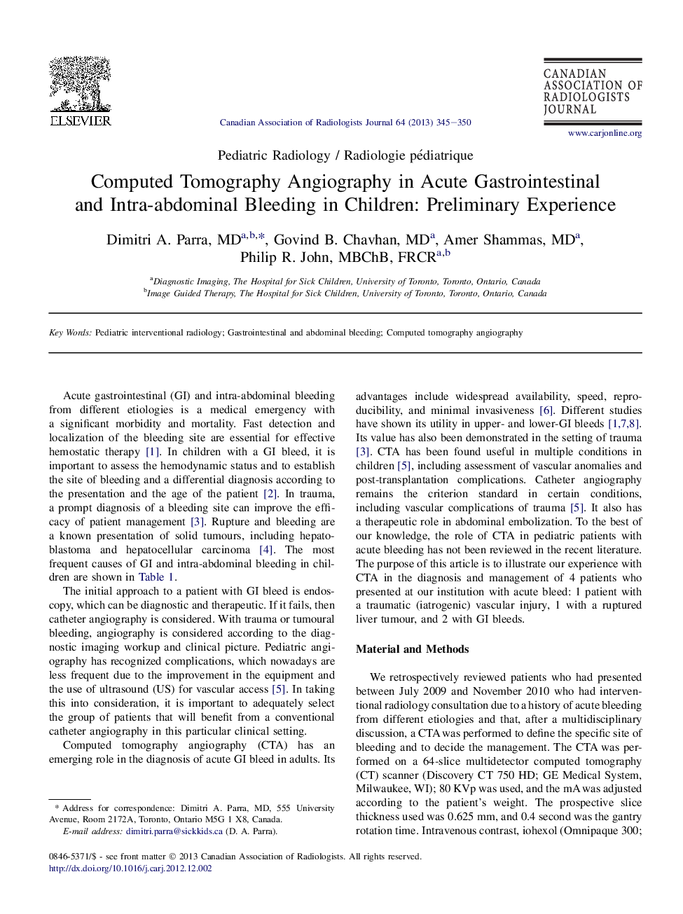 Computed Tomography Angiography in Acute Gastrointestinal and Intra-abdominal Bleeding in Children: Preliminary Experience