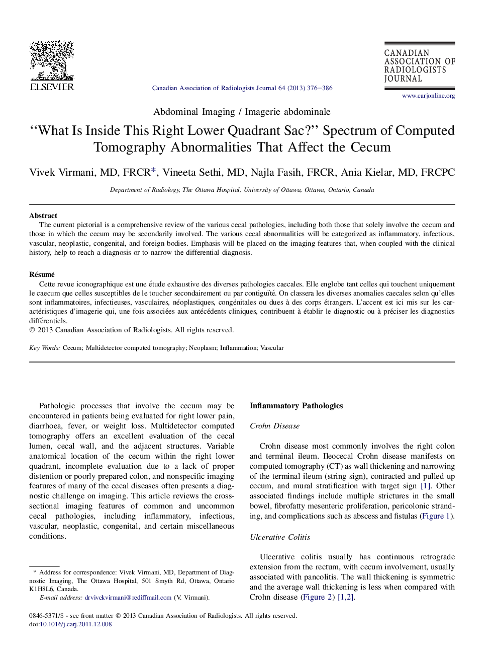 “What Is Inside This Right Lower Quadrant Sac?” Spectrum of Computed Tomography Abnormalities That Affect the Cecum