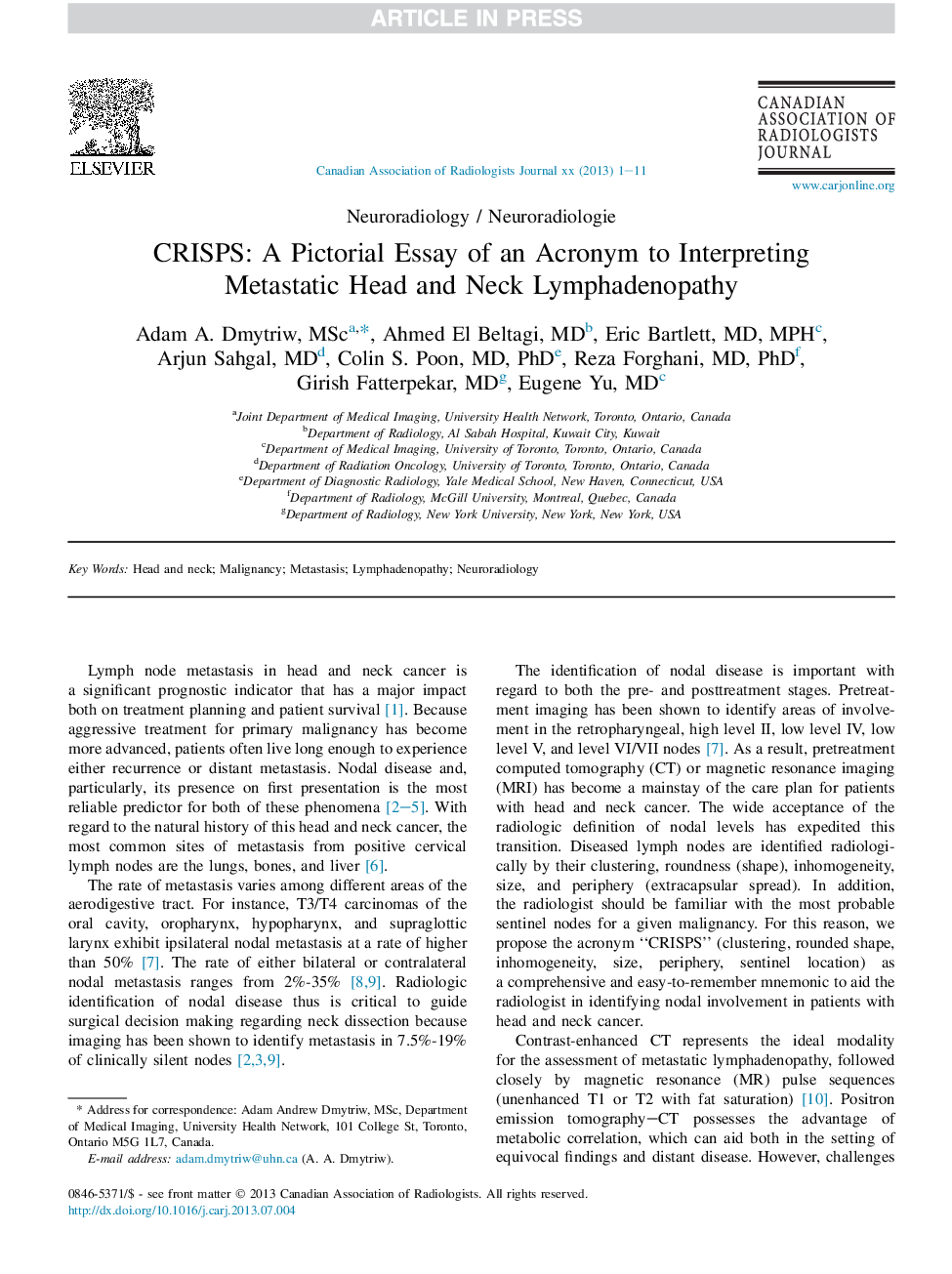 CRISPS: A Pictorial Essay of an Acronym to Interpreting Metastatic Head and Neck Lymphadenopathy