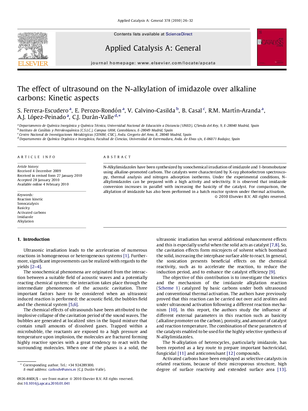 The effect of ultrasound on the N-alkylation of imidazole over alkaline carbons: Kinetic aspects