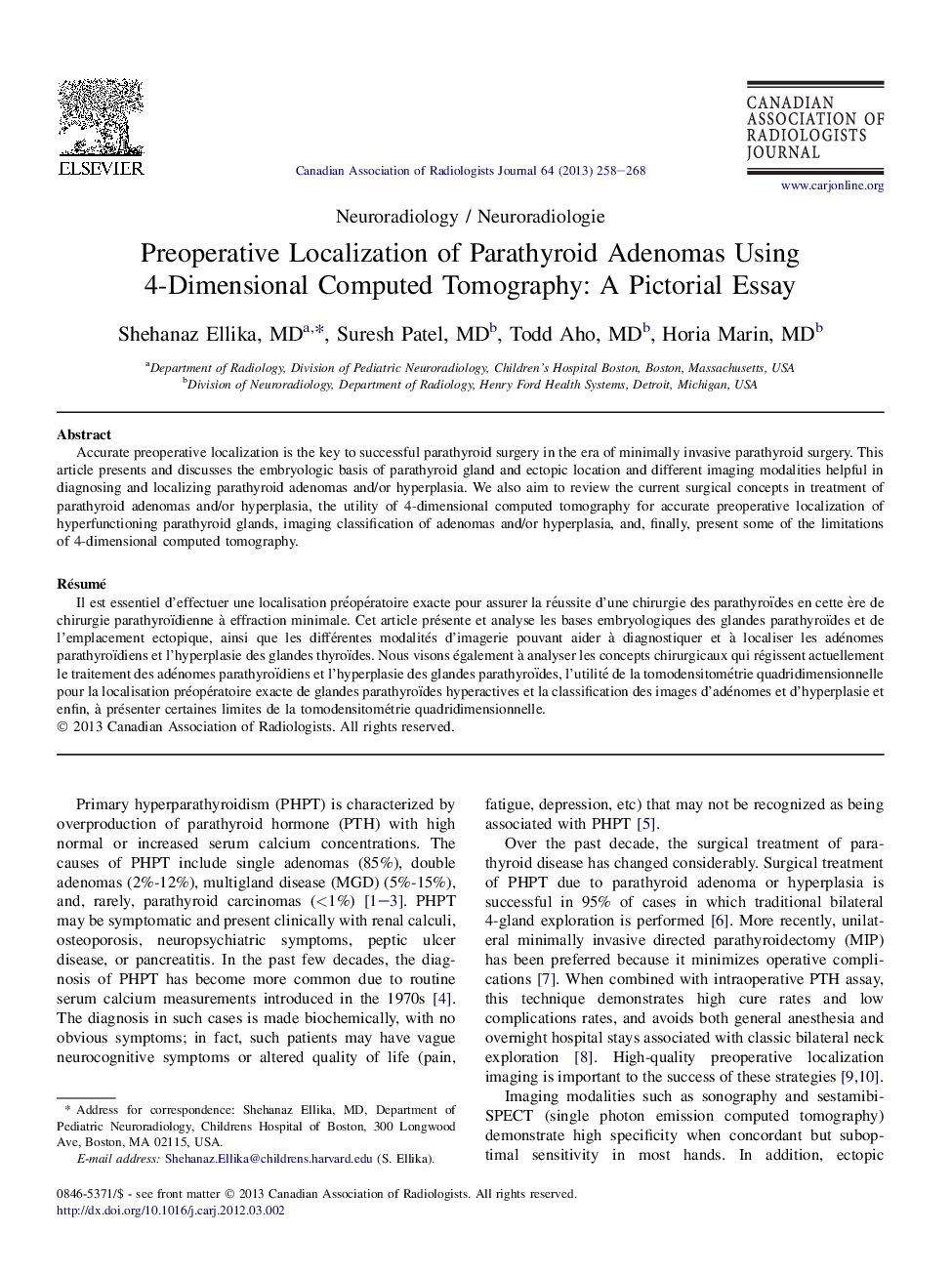 Preoperative Localization of Parathyroid Adenomas Using 4-Dimensional Computed Tomography: A Pictorial Essay