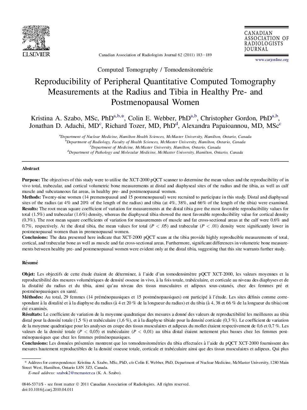 Reproducibility of Peripheral Quantitative Computed Tomography Measurements at the Radius and Tibia in Healthy Pre- and Postmenopausal Women