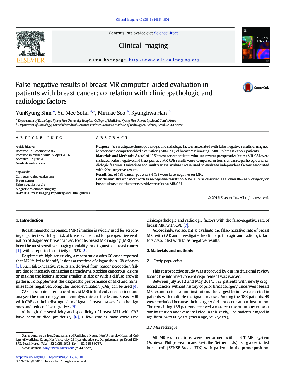 False-negative results of breast MR computer-aided evaluation in patients with breast cancer: correlation with clinicopathologic and radiologic factors