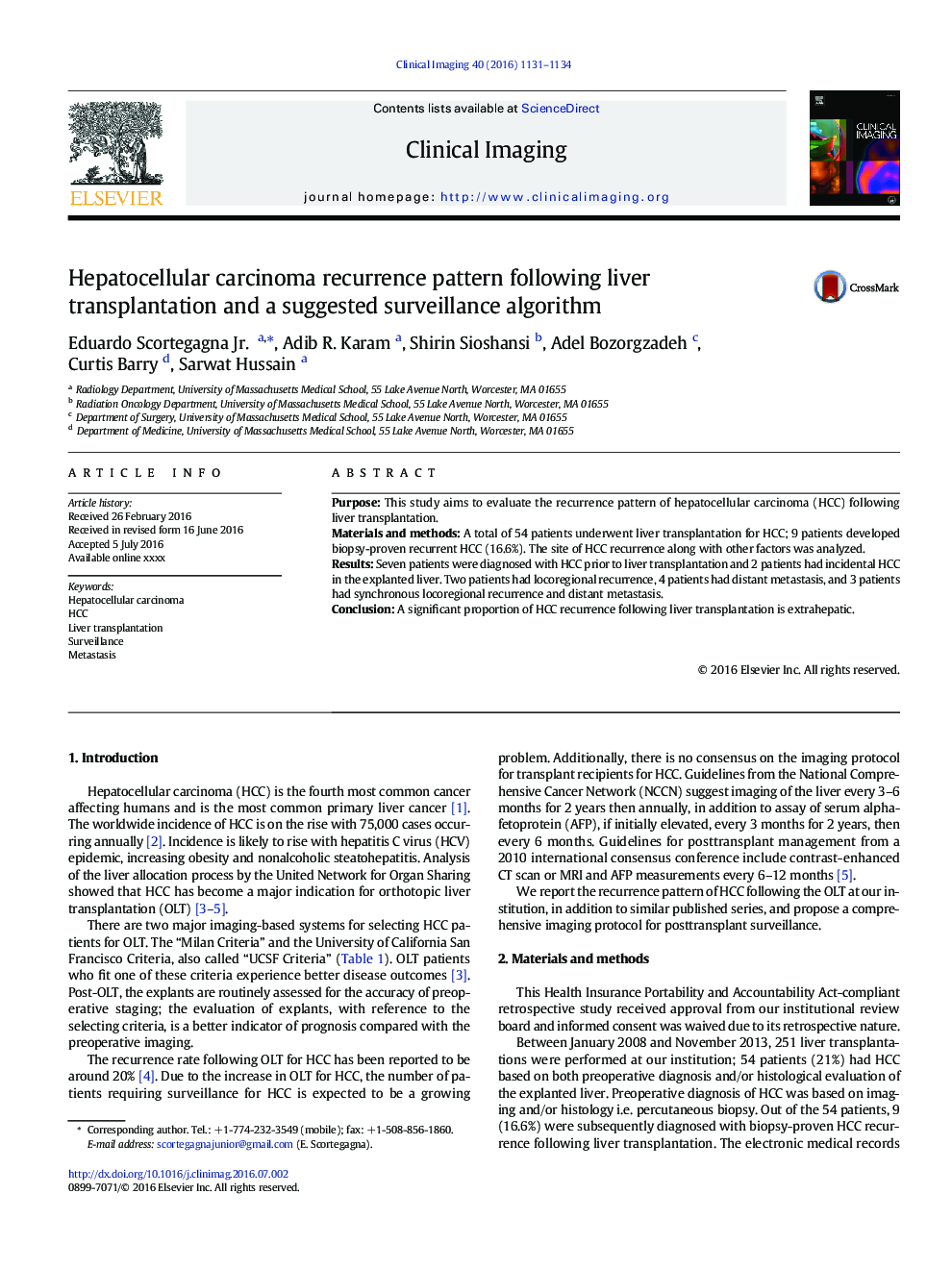 Hepatocellular carcinoma recurrence pattern following liver transplantation and a suggested surveillance algorithm