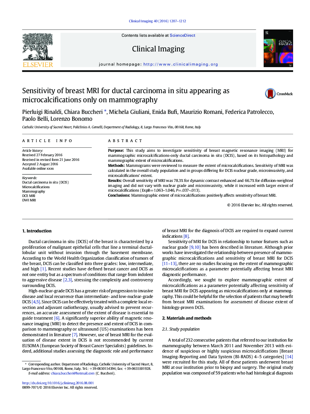 Sensitivity of breast MRI for ductal carcinoma in situ appearing as microcalcifications only on mammography