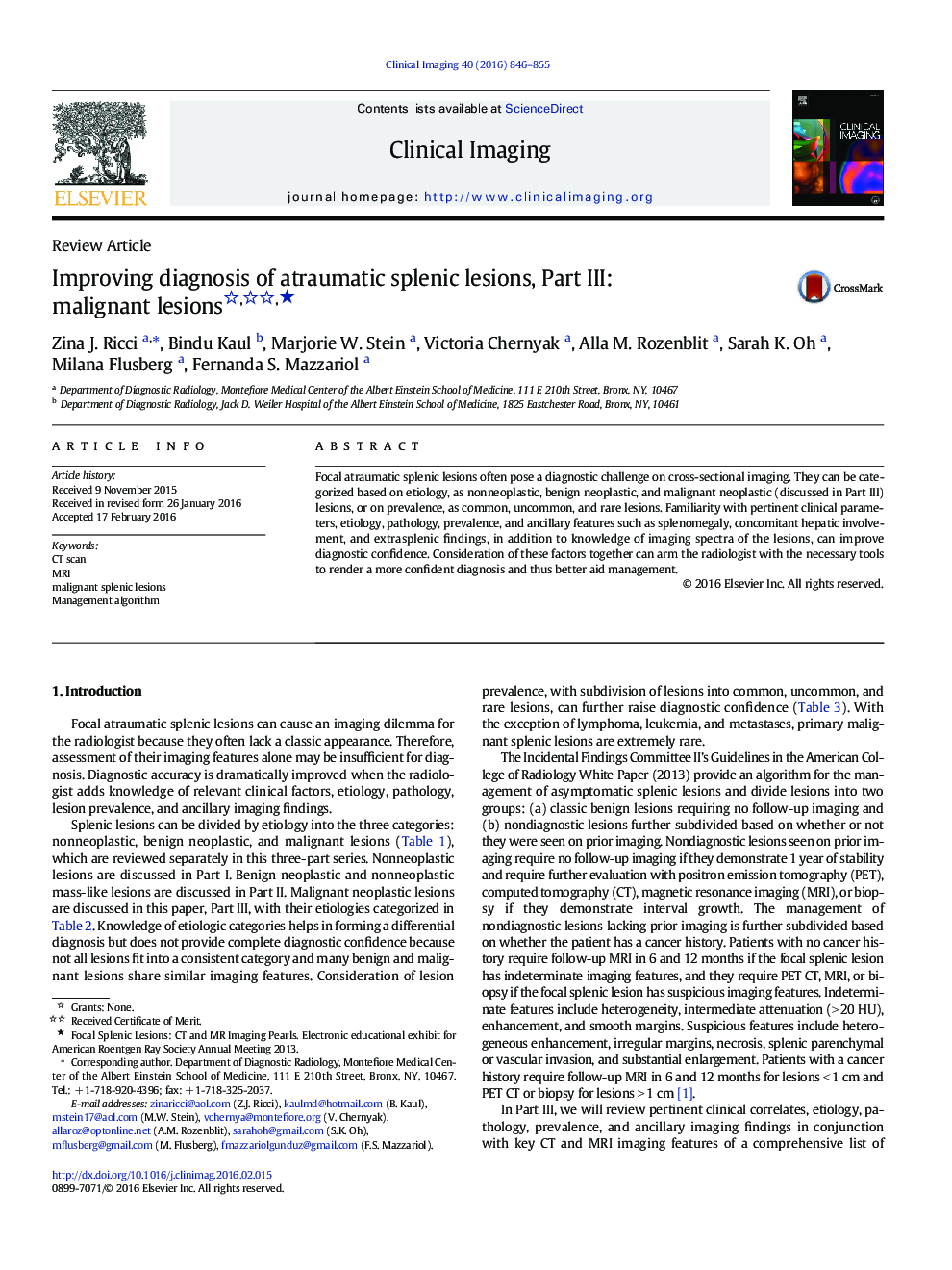 Improving diagnosis of atraumatic splenic lesions, Part III: malignant lesions ★