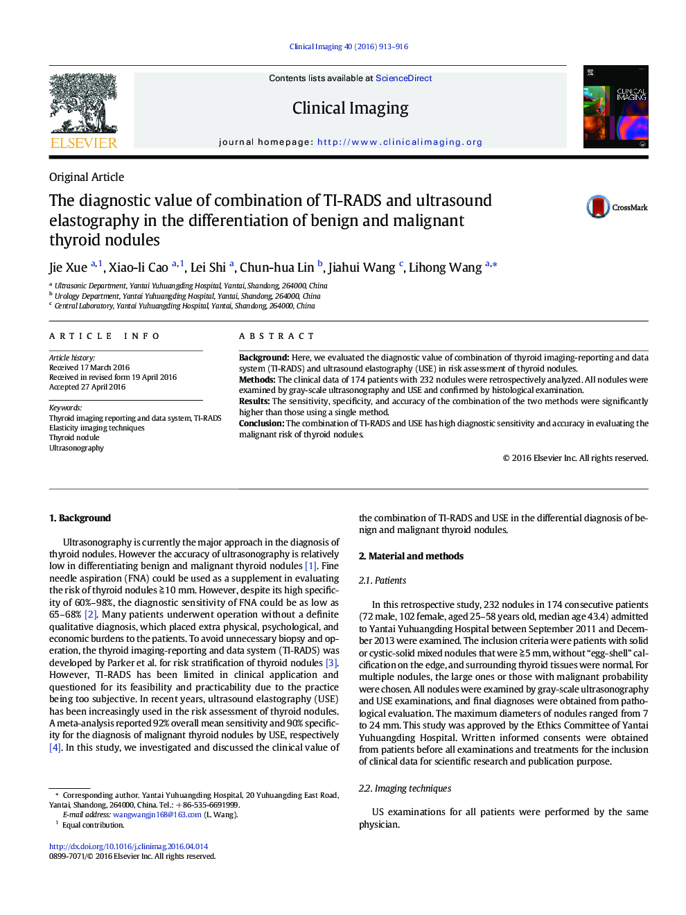 The diagnostic value of combination of TI-RADS and ultrasound elastography in the differentiation of benign and malignant thyroid nodules