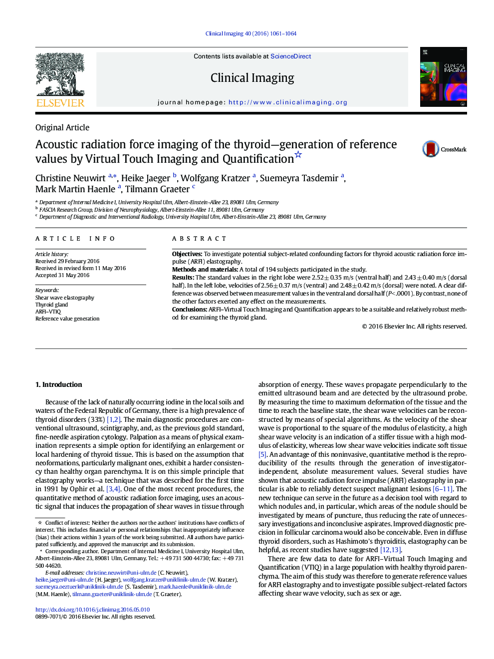 Acoustic radiation force imaging of the thyroid—generation of reference values by Virtual Touch Imaging and Quantification 