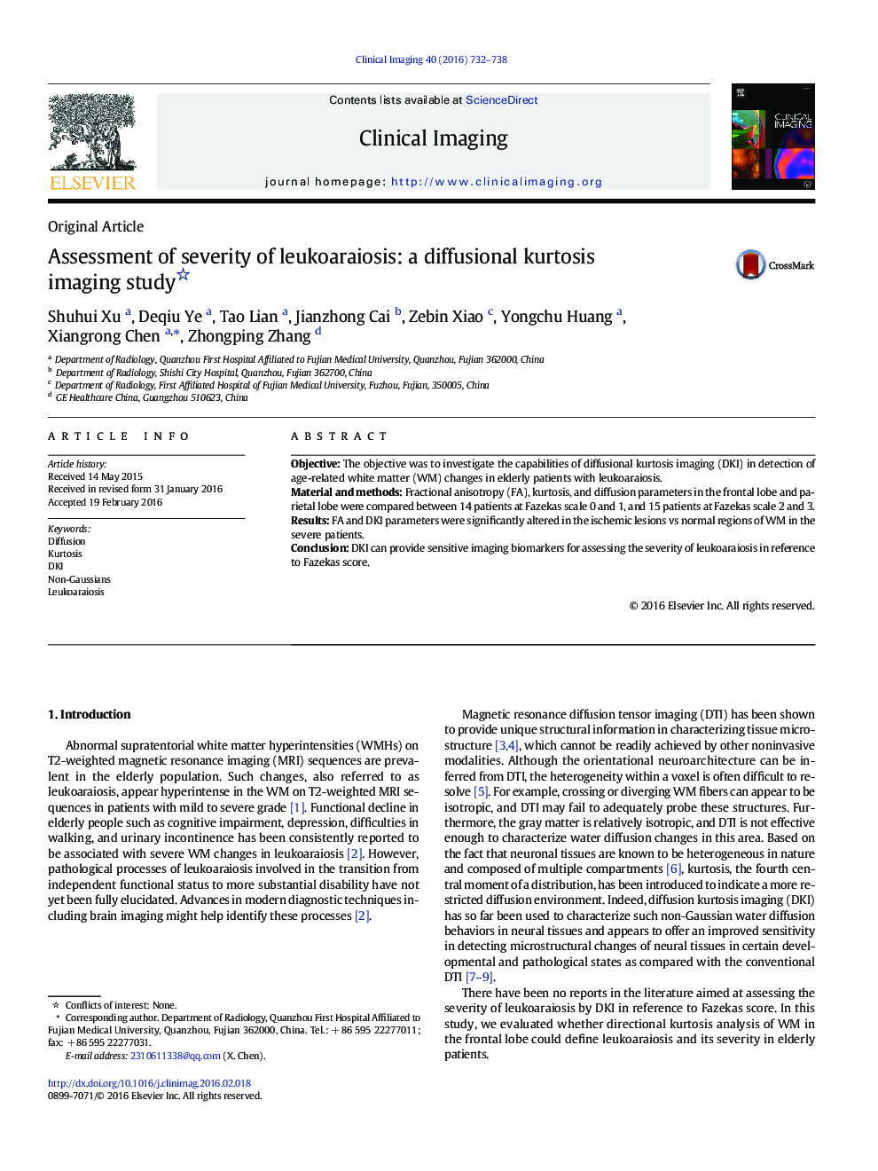 Assessment of severity of leukoaraiosis: a diffusional kurtosis imaging study 