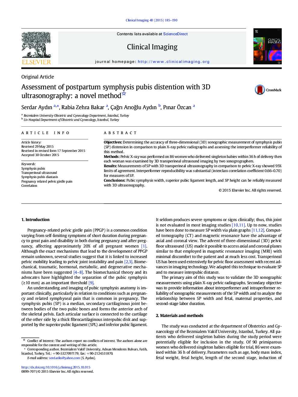 Assessment of postpartum symphysis pubis distention with 3D ultrasonography: a novel method 