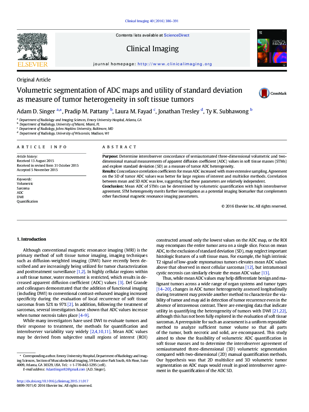 Volumetric segmentation of ADC maps and utility of standard deviation as measure of tumor heterogeneity in soft tissue tumors