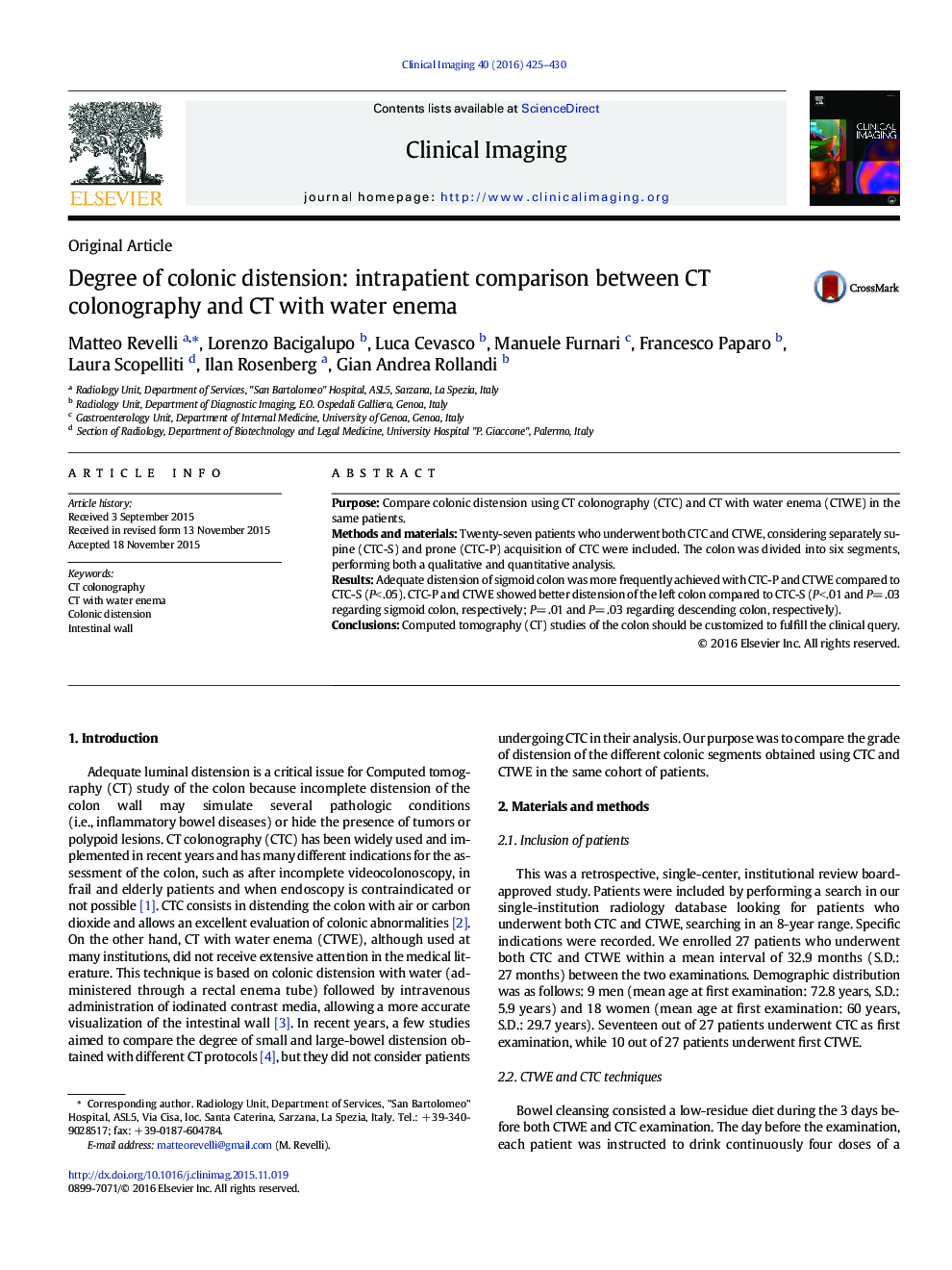 Degree of colonic distension: intrapatient comparison between CT colonography and CT with water enema