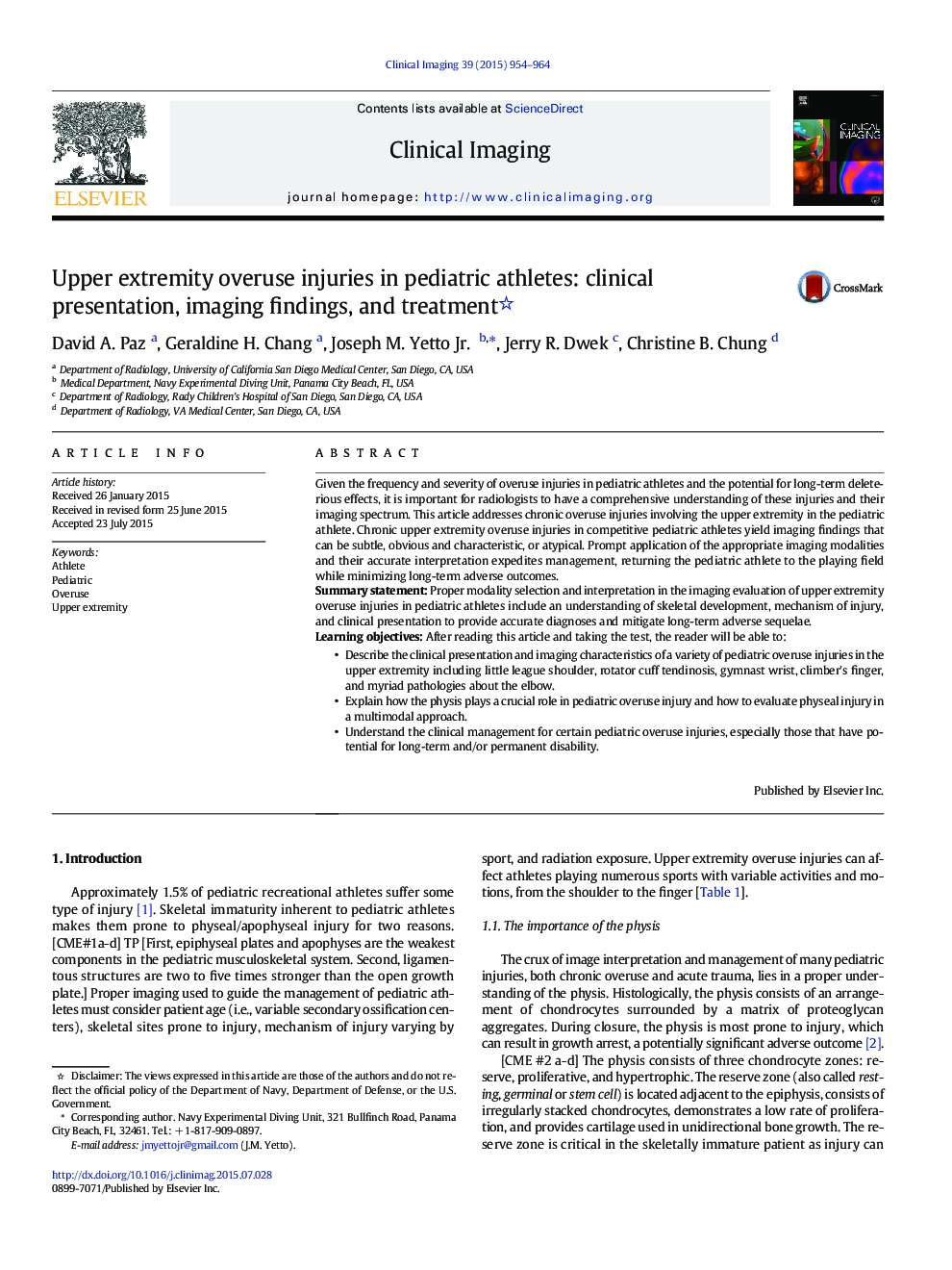 Upper extremity overuse injuries in pediatric athletes: clinical presentation, imaging findings, and treatment 