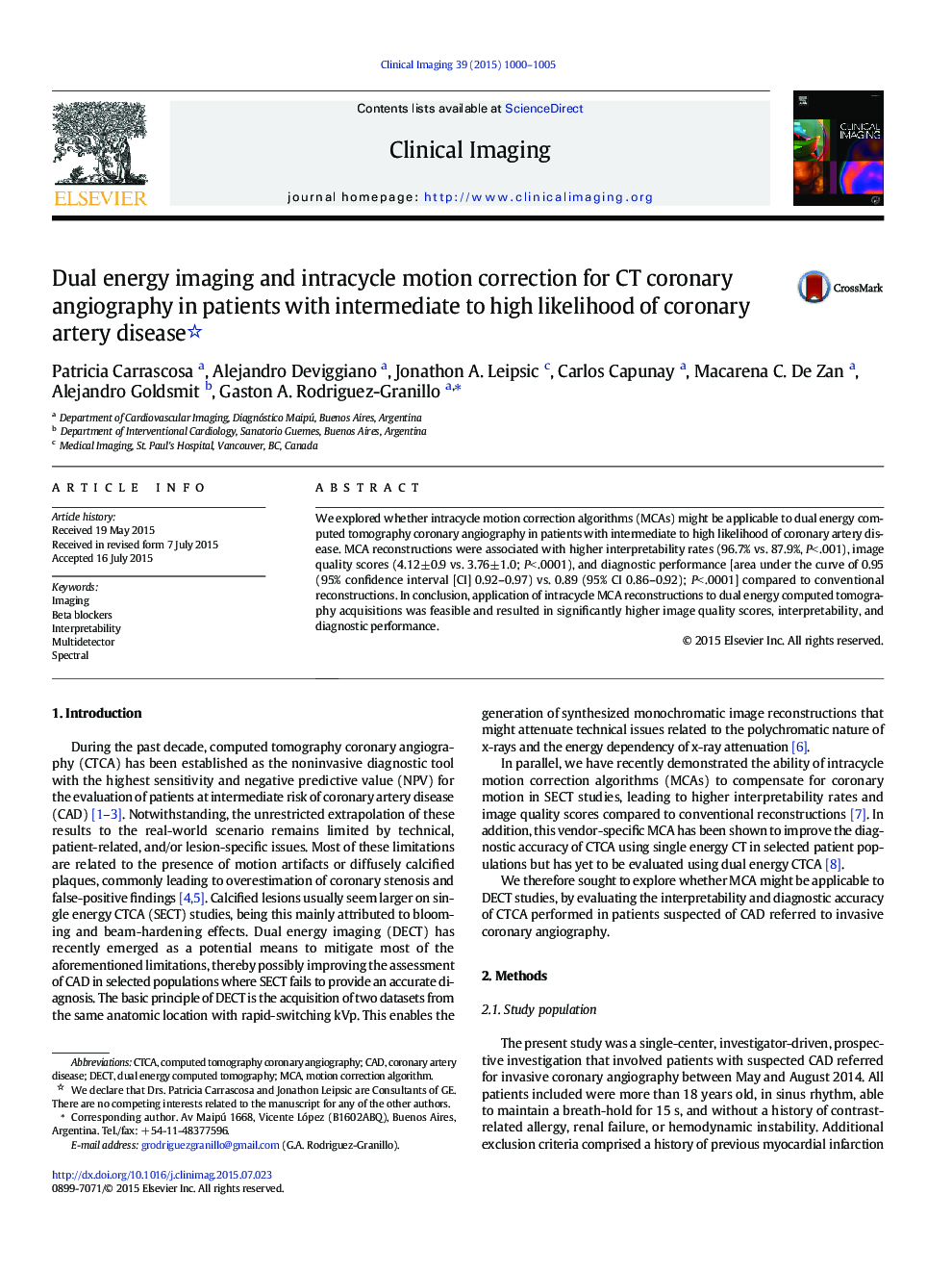 Dual energy imaging and intracycle motion correction for CT coronary angiography in patients with intermediate to high likelihood of coronary artery disease 