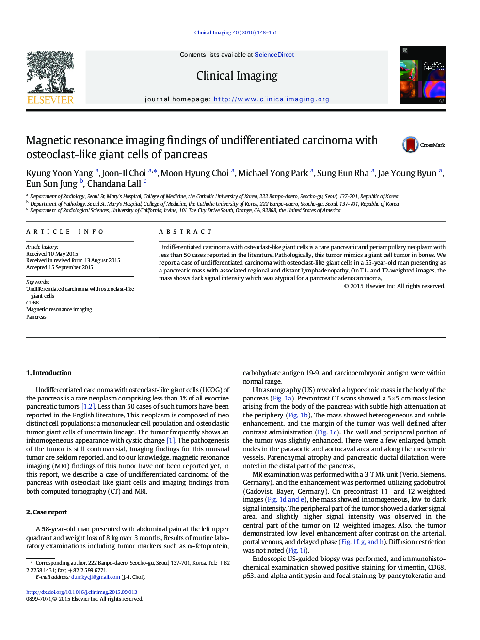 Magnetic resonance imaging findings of undifferentiated carcinoma with osteoclast-like giant cells of pancreas