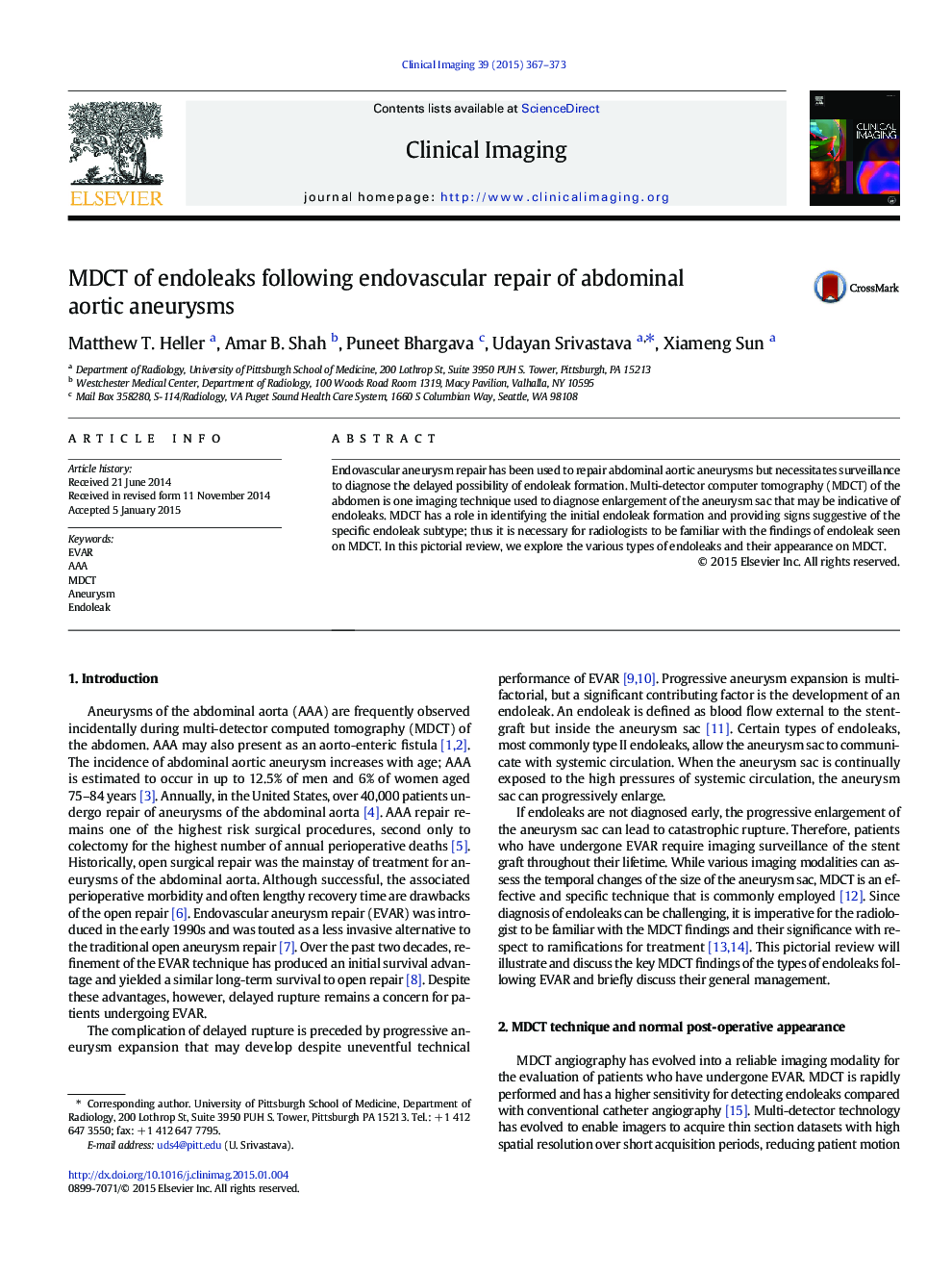 MDCT of endoleaks following endovascular repair of abdominal aortic aneurysms