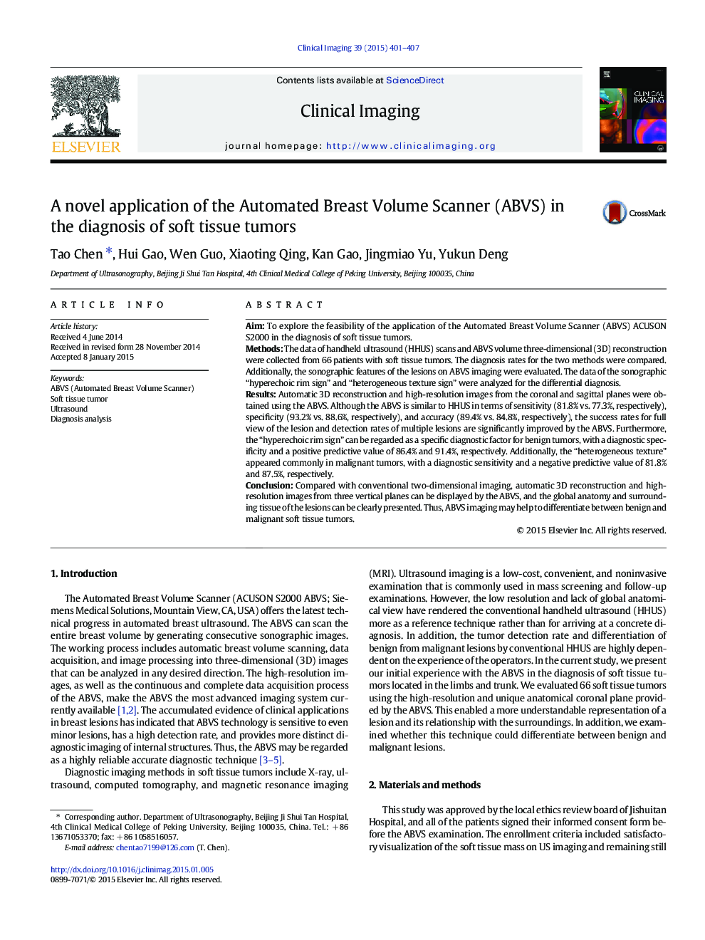 A novel application of the Automated Breast Volume Scanner (ABVS) in the diagnosis of soft tissue tumors