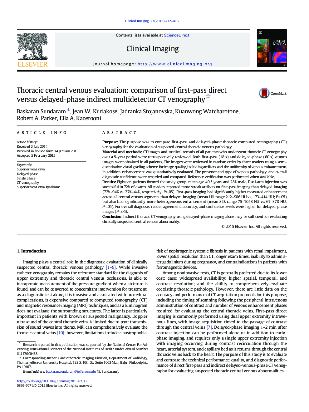 Thoracic central venous evaluation: comparison of first-pass direct versus delayed-phase indirect multidetector CT venography 